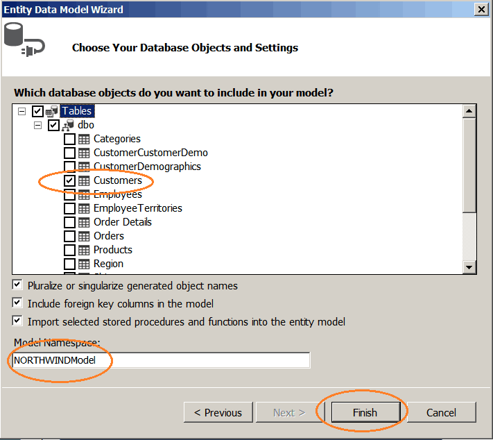 Entity Data Model Choose Your Database objects and Settings