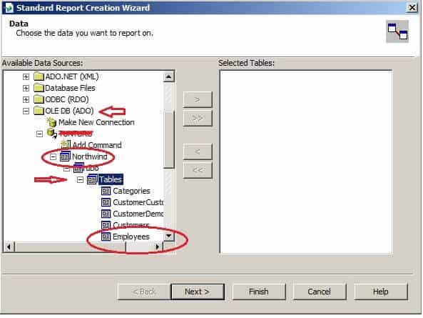 Create Your First Crystal Report - Database Selected