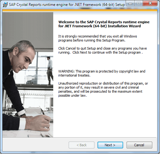 Crystal Report runtime installation welcome screen