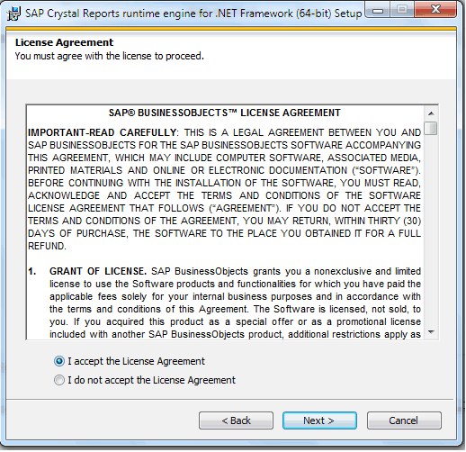 Crystal Report License agreement