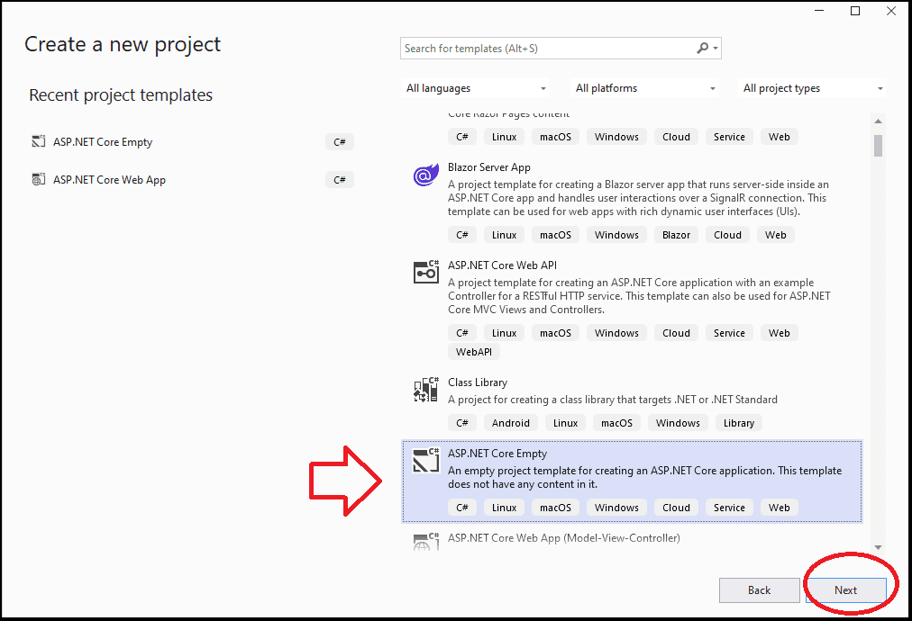 ASP.NET Core Create new project dialog box