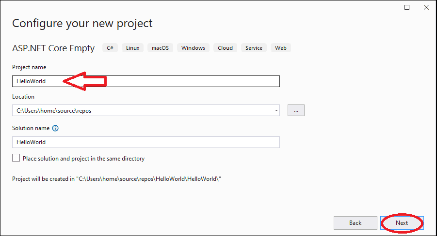 Configure your new project. Enter name as HelloWorld