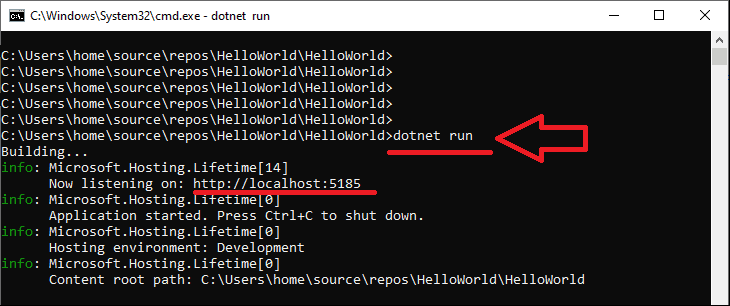 Running the Hello World Application using dot net run