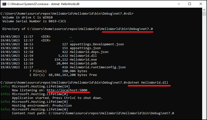 Running the compiled DLL file using dotnet command line utility