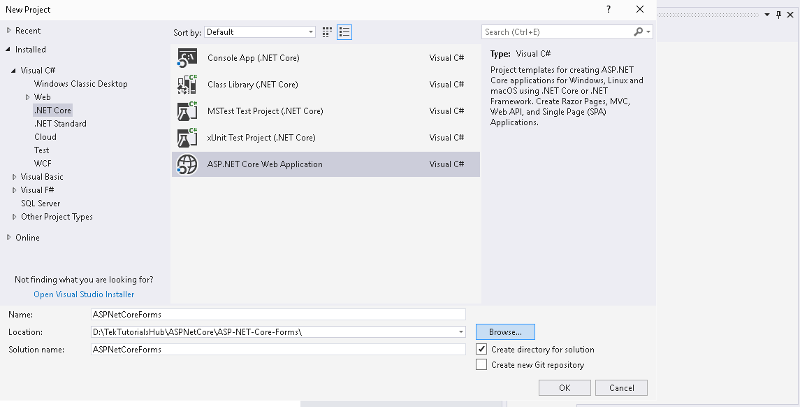 ASP.NET Core Forms Creating a new project