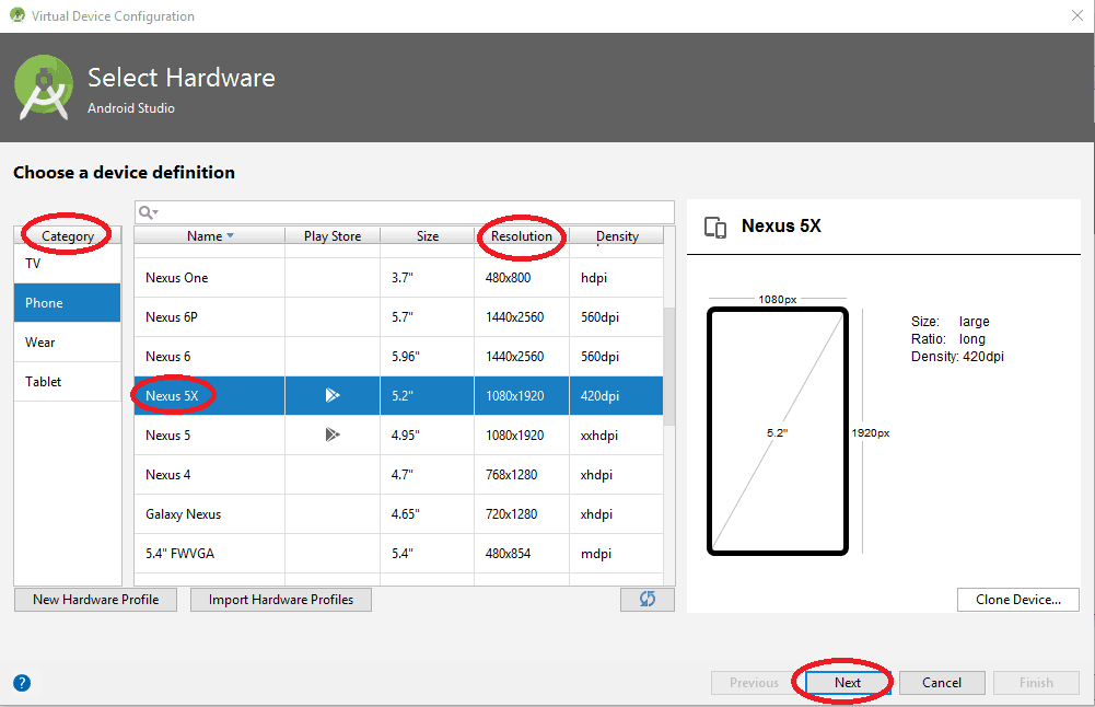 Android Virtual Device Select the Hardware Configuration