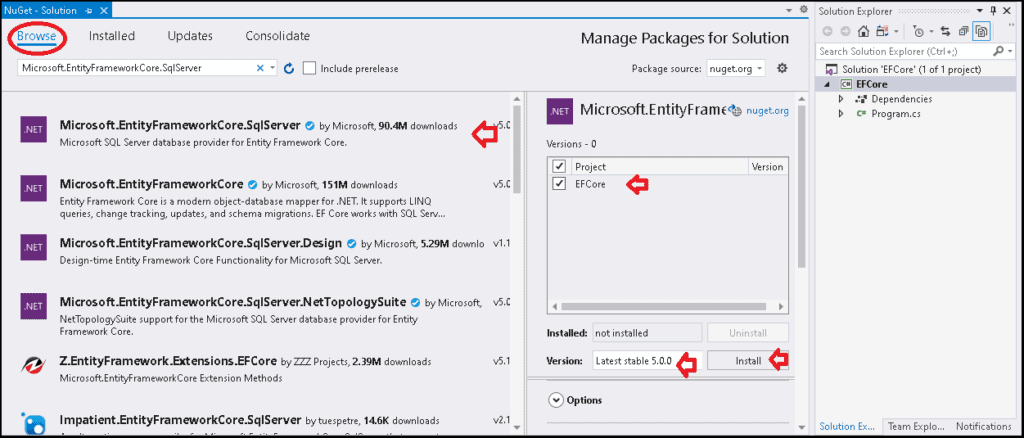 Installing Entity Framework Core Via NuGet Package Manager