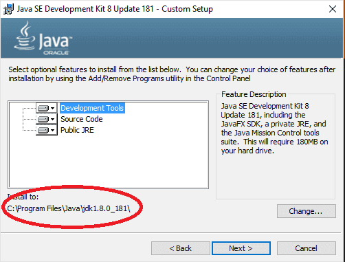 JDK 8 Installation Custom setup option and select installation folder