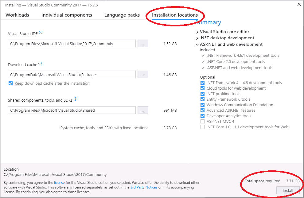 Select Installation Locations Visual Studio 2017