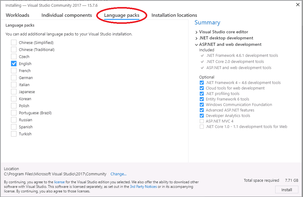 Select Language Pack Visual Studio 2017