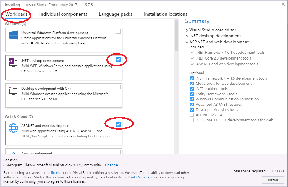 Select Workloads Visual Studio 2017