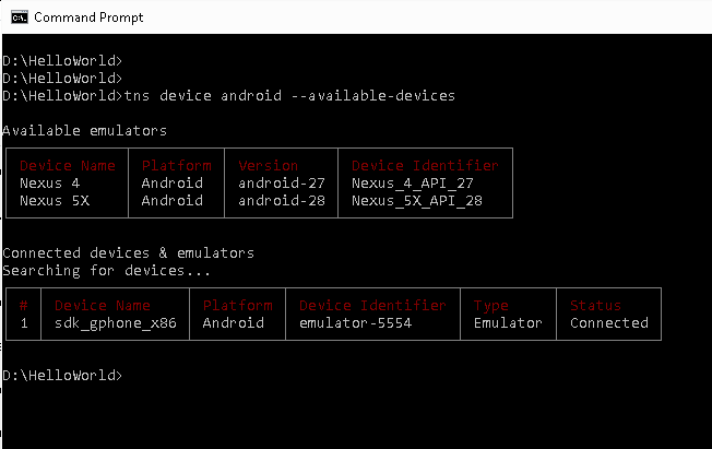 tns device android to list of Available devices