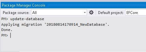 update-database to create the database in EF Core Application