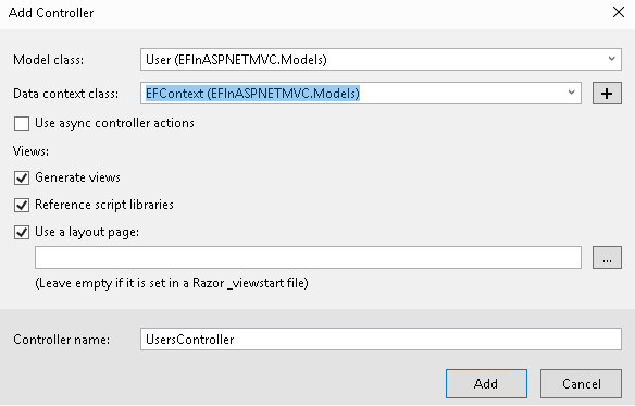 Create MVC Controller Add Controller Dialog