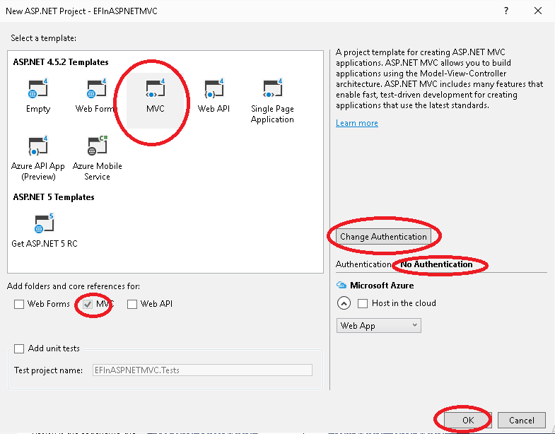 Select MVC Option ASP Net  Code First MVC Application