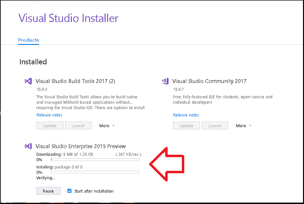 VIsual Studio 2019 Installation in Progress