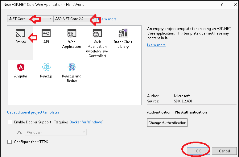 Choose the .NET Core Version for ASP.NET Core Hello World Example