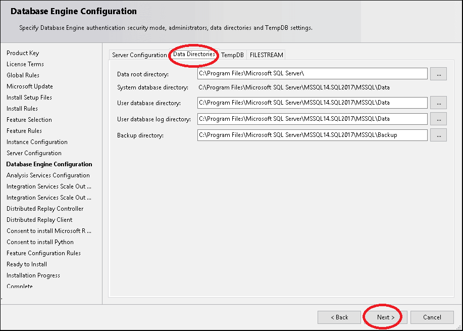 Database Engine Configuration Data Directories