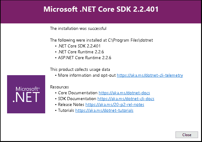 Installation of .NET Core Successful