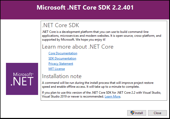 Microsoft .NET Core SDK Installation