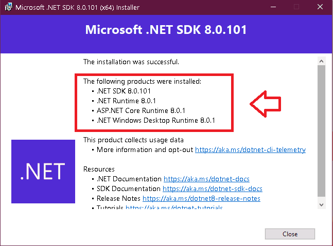  .NET Installation successful