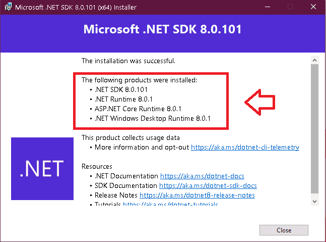 .NET Installation successful