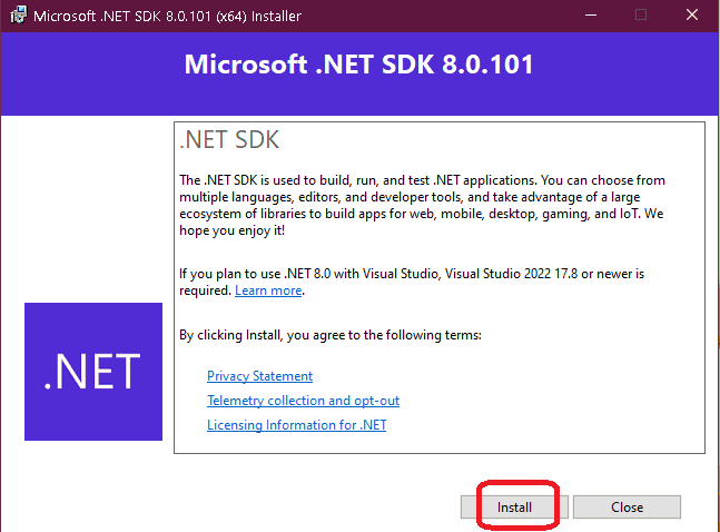 Microsoft .NET SDK 8.0 Start Install