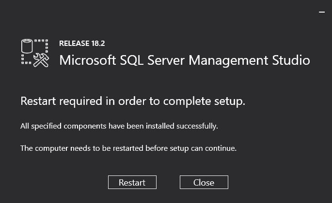 SQL Server Management Studio Installation completes
