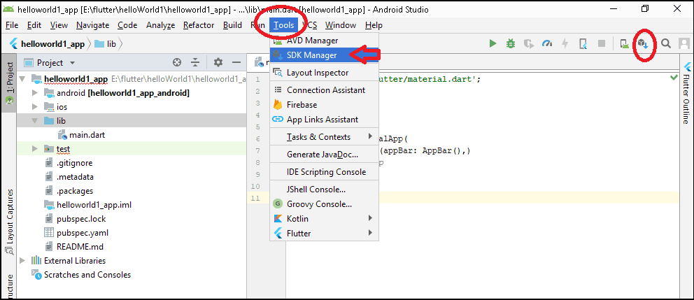 Locating the Android SDK Manager in Android Studio