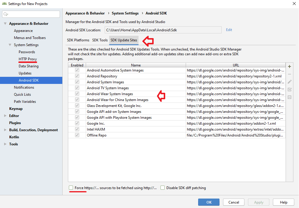 SDK Update sites. List of sites where Android Looks for Updates.