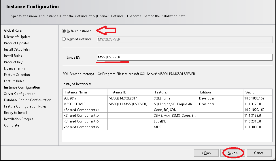 default instance name sql server 2019