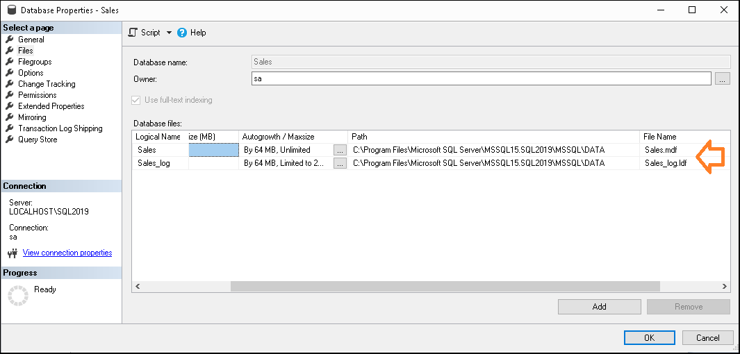 Location of database file in SQL Server Using SSMS