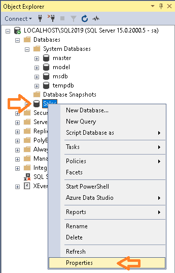 Select Database Properties in SSMS