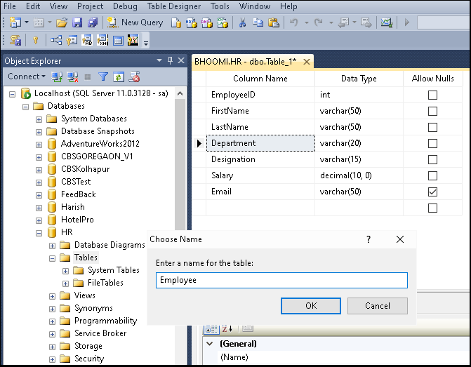 Saving the Table in Table Designer