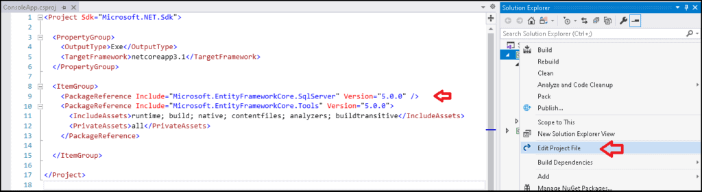 Editing Project file to install entity framework core