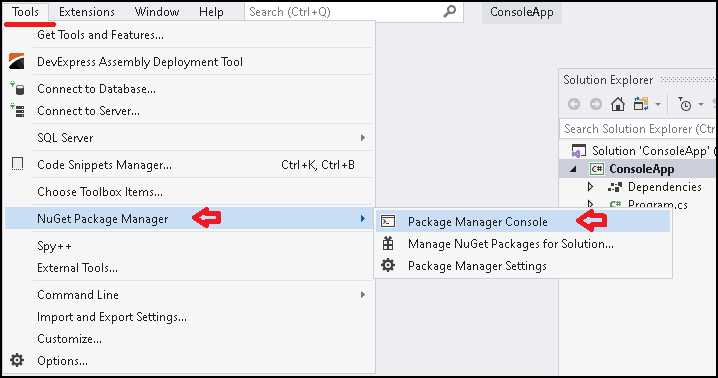 Installing Entity Framework Core using Package manager console