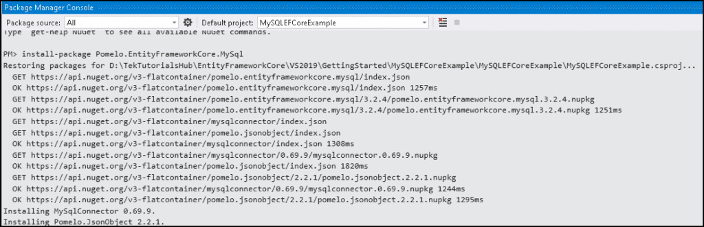 Installing Entity Framework Core for MySQL and MariaDB