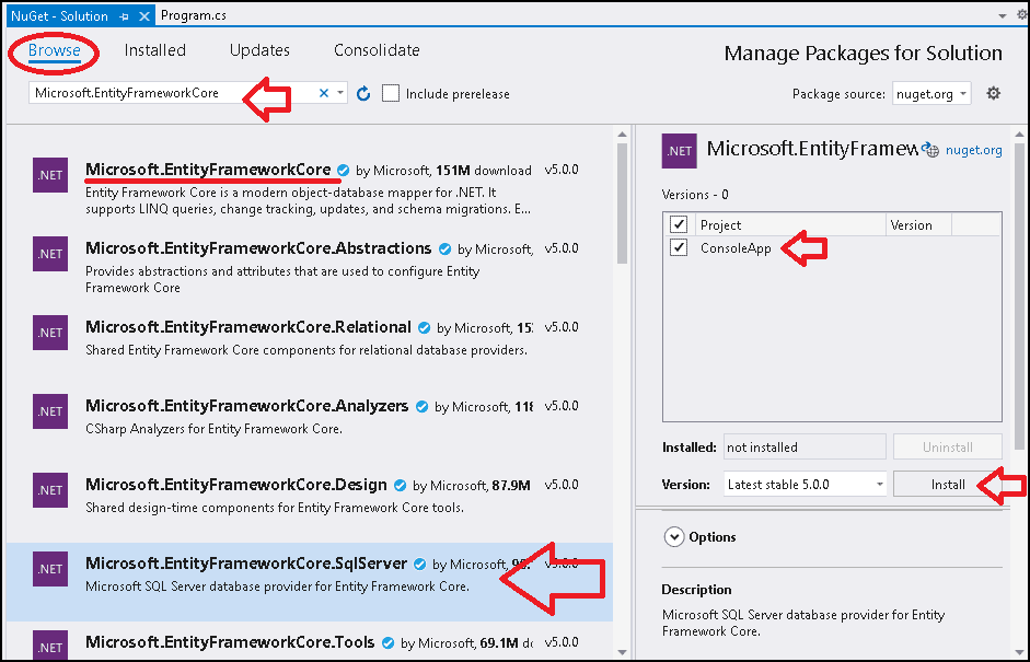 Installing Microsoft.EntityFrameworkCore Package from Package Manager