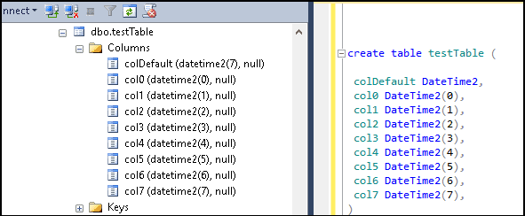 Creating DateTime2 columns in SQL Server