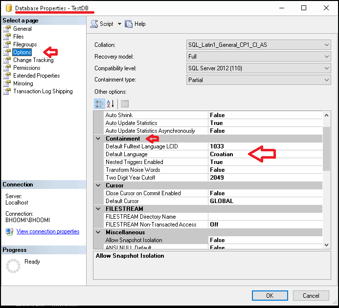 Setting Language setting for contained database