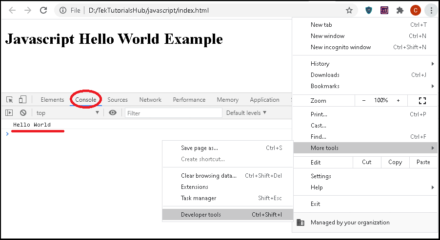 Javascript Hello World Example Using Console.log method