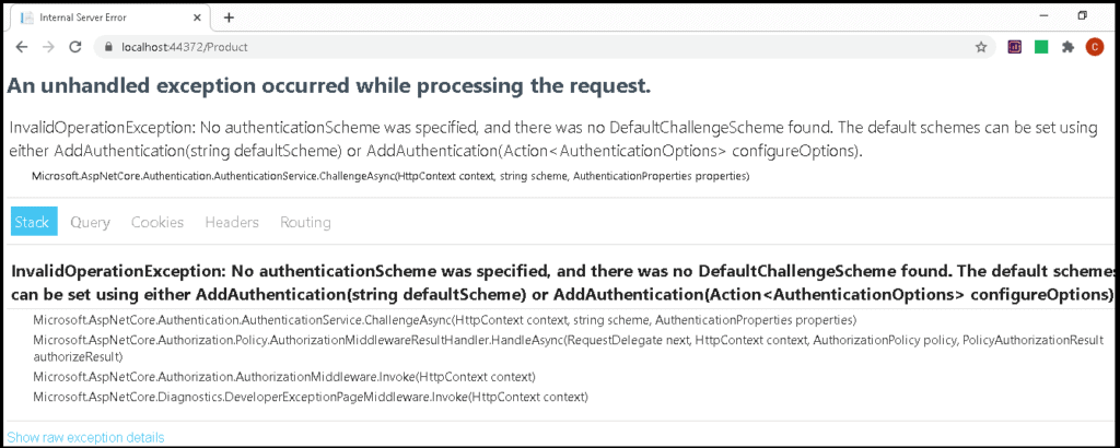 An unhandled exception occurred while processing the request