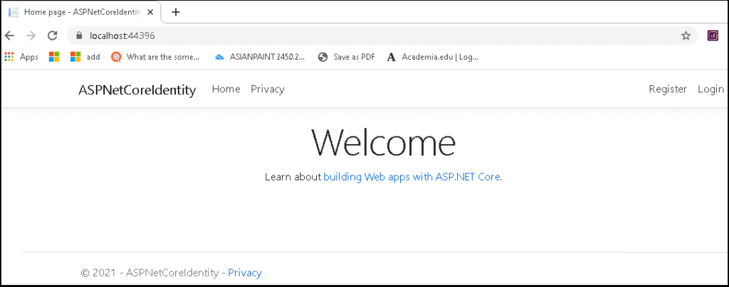 ASP.NET Core Identity Welcome screen