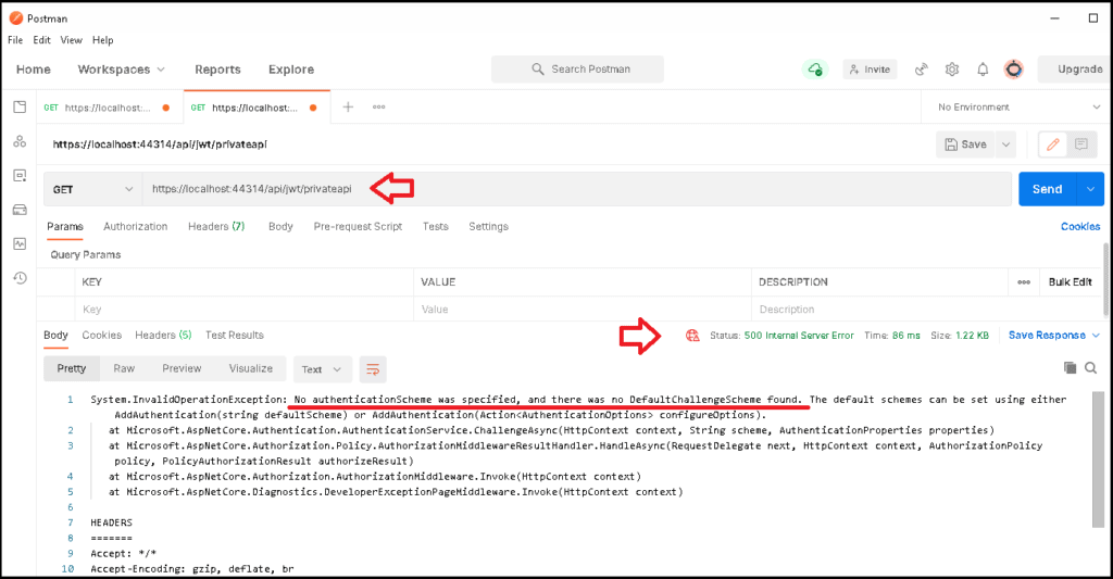 jwt authentication access to private api results in No authentication schema was specified